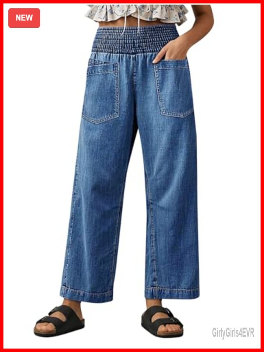 Wide Leg Jeans Smocked Waisted Pull On Stretchy Straight Leg Trendy Wash Casual